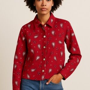 Cabela’s Ruby Red Floral Paisley Silver Button Jean Jacket Women’s Size Medium